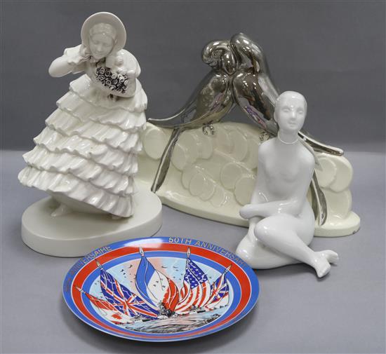 A 1960s Royal Dux nude, a commemorative plate and a figure of birds signed Péaée and one other piece tallest 33cm
